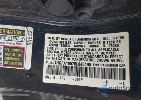 2006 Honda Civic Lx from USA, damaged, VIN 1HGFA16576L046465